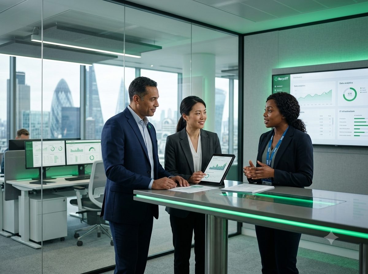 The IT Recycling UK team working in a professional office